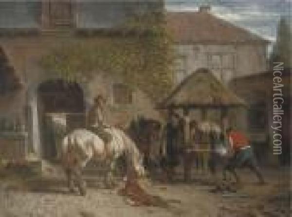 Shoeing Horses At The Blacksmith Oil Painting - Joseph Jodocus Moerenhout