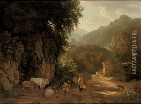 An Italianate Landscape With Travellers And Peasants On A Mountain Track, Others Praying In Front Of A Chapel Oil Painting - Abraham (Alexandre) Teerlink