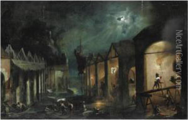 Notturno Con L'arsenale Di Venezia Oil Painting - Bartolomeo Pedon