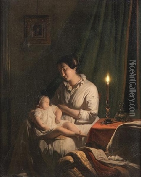 Mother And Child By Candlelight Oil Painting - Johannes Rosierse