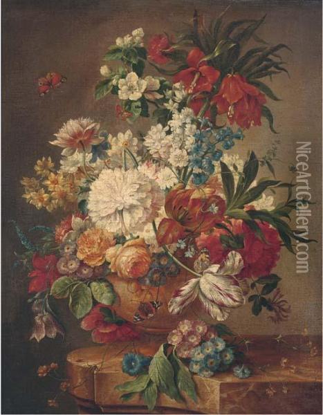 Roses, Tulips, Morning Glory, 
Narcissi And Other Flowers In An Urnon A Marble Ledge With Butterflies Oil Painting - Jan Van Huysum