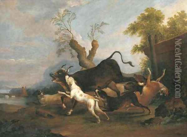 A pastoral river landscape with hounds chasing a bull Oil Painting - Adriaen Cornelisz. Beeldemaker