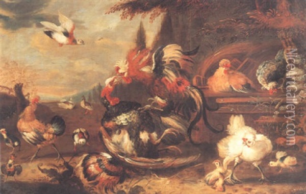 A Cock And Turkey Fighting In A Farmyard With Other Poultry Oil Painting - Melchior de Hondecoeter