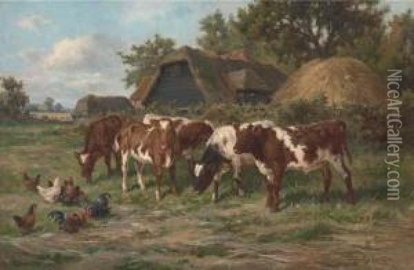 Calves And Poultry By A Farm Oil Painting - Claude Cardon