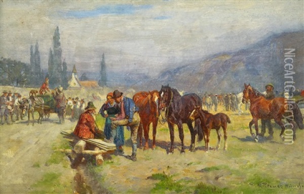 Bayerischer Pferdemarkt Oil Painting - Max Joseph Pitzner