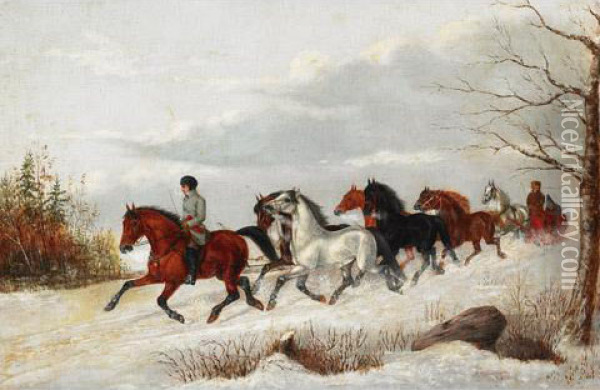 Trader With A String Of Horses Pulling A Red Sleigh Oil Painting - Frederick S. Barnjum