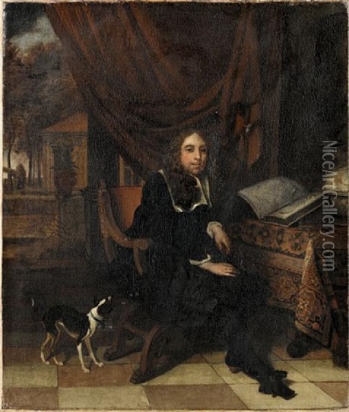 Portrait Of A Gentleman Seated In His Study With His Dog, A View To A Garden Beyond Oil Painting - Michiel van Musscher