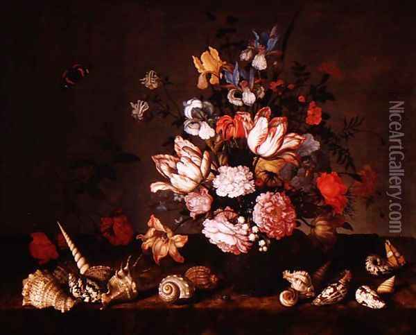 Still life of a vase of flowers with shells Oil Painting - Balthasar Van Der Ast