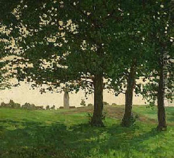 Drei Baume Mit Blick Auf Den Kirchturm Von Grafrath Oil Painting - Oskar Moll