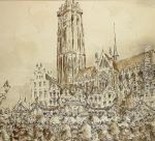 'de Sint-romboutstoren In Mechelen'. Oil Painting - Alfred Ost
