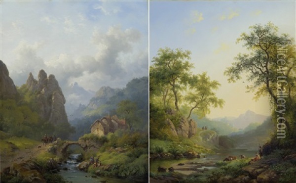 Pair Of Works: Rocky Mountain Valley With Travellers / Herders With A Herd At A Stream With Ruins In The Background Oil Painting - Frederik Marinus Kruseman