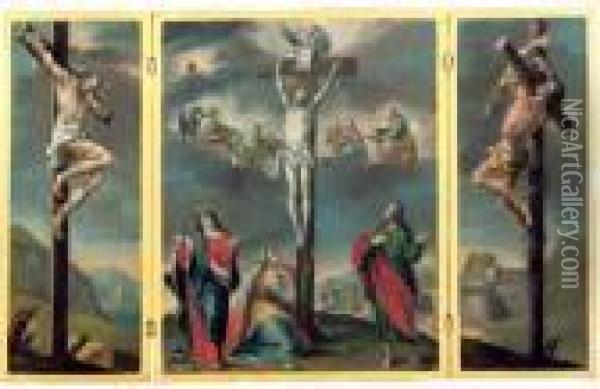 A Crucifixion Triptych: Central 
Panel: The Crucifixion With God The Father And The Four Evangelists; 
Left Wing: The Good Thief; Right Wing: The Bad Thief Oil Painting - Januarius Zick