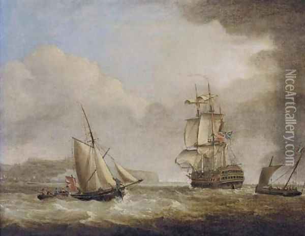 A British Royal Naval two-decker in the Channel off Dover Oil Painting - Charles Brooking
