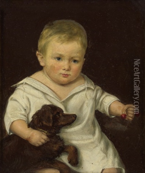 Knabe Im Weisen Hemdkleid Mit Hund, In Der Rechten Hand Kirschen Oil Painting - Louis Auguste Francois Aumont