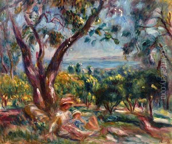 Cagnes Landscape with Woman and Child Oil Painting - Pierre Auguste Renoir