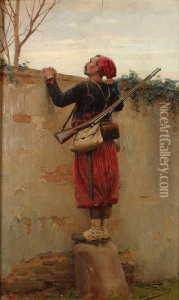 A Zouave Peering Over A Wall Oil Painting - Paul Louis Narcisse Grolleron