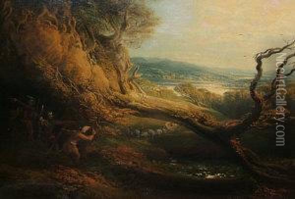 Brigands Lying In Way For A Stagecoach In Awooded Mountain Landscape; Oil On Canvas, Bears Signature, Bearsfrost & Reed Ltd Label Attached To The Reverse Of The Frame,94x124cm Oil Painting - Henry James Richter