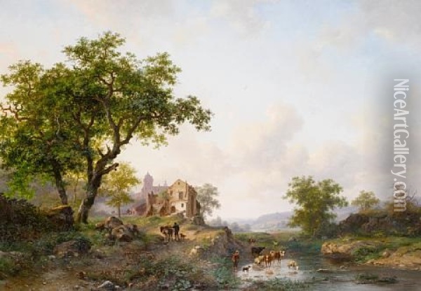 Summer Landscape With Cattle Near A River Oil Painting - Frederik Marinus Kruseman