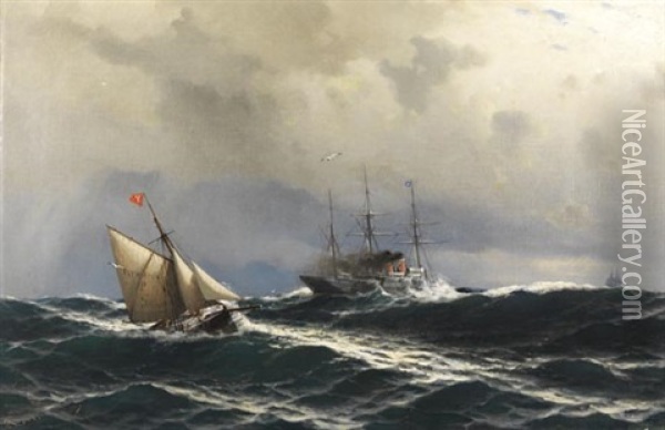 Segelkutter Und Dampfer Auf Sturmischer See Oil Painting - Franz Karl Herpel