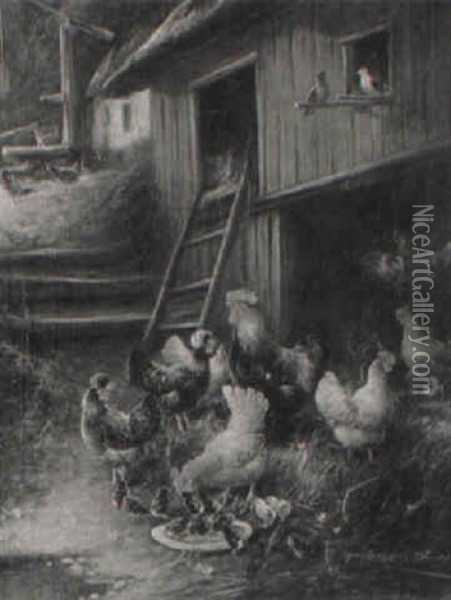 Roosters, Hens And Chicks In A Barnyard Oil Painting - Otto Scheuerer