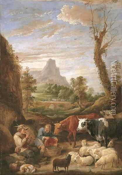A pastoral landscape with a shepherd playing a pipe with cattle and sheep Oil Painting - David III Teniers