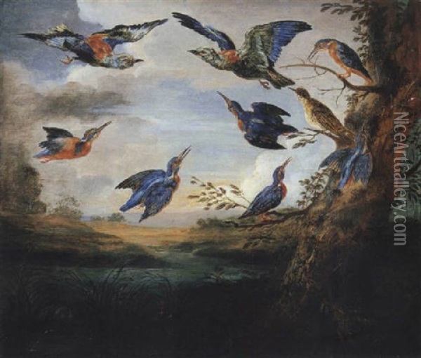 Kingfishers And Rollers In Flight In A River Landscape Oil Painting - Jan van Kessel the Elder