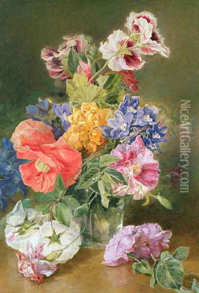 Roses Poppy and Pelargonia Oil Painting - James Holland