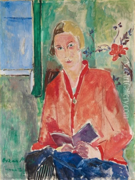 Lesende Mit Roter Jacke (bildnis Ursula Waetzoldt) Oil Painting - Oskar Moll