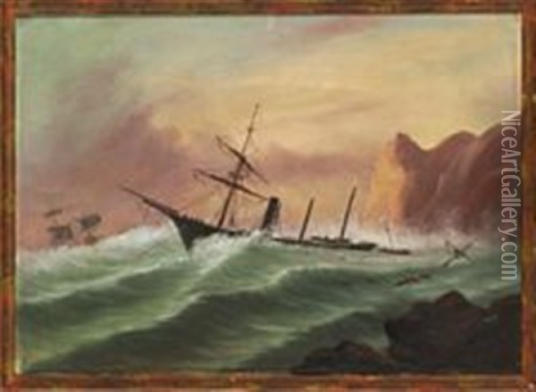 Ships Off A Rocky Coast Oil Painting - Baron Jean Antoine Theodore Gudin