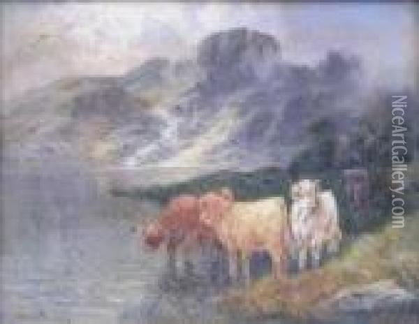 Highland Cattle At A Loch Oil Painting - William Langley
