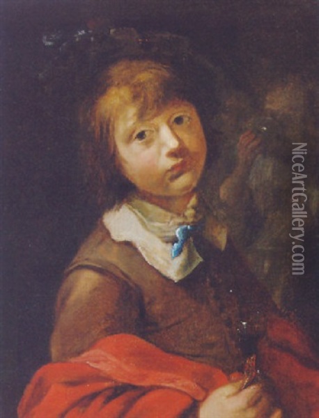A Boy In A Brown Coat, Holding A Roemer Oil Painting - Jan Miense Molenaer