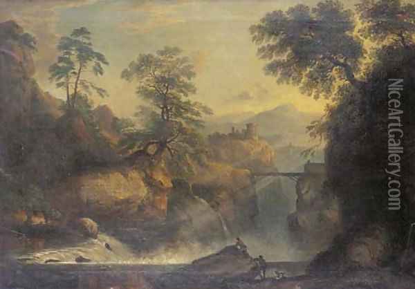 Figures at a mountain torrent in an Arcadian landscape Oil Painting - Richard Wilson