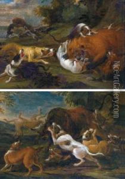 Coppia Di Scene Di Caccia Oil Painting - Abraham Hondius