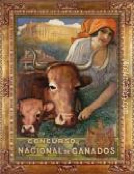Cartel Del Concurso Nacional De Ganados De 1926 Oil Painting - Cecilio Pla Y Gallardo
