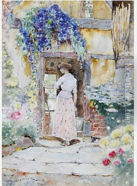 Young Maid With Bucket At A Cottage Door Oil Painting - David Woodlock