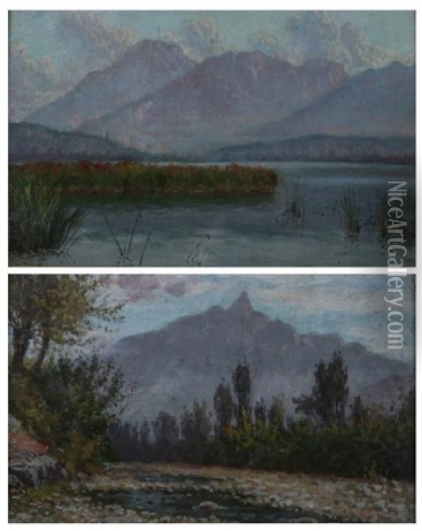 Mountain Lake (+ Stream In The Mountains; 2 Works) Oil Painting - William Mason Brown