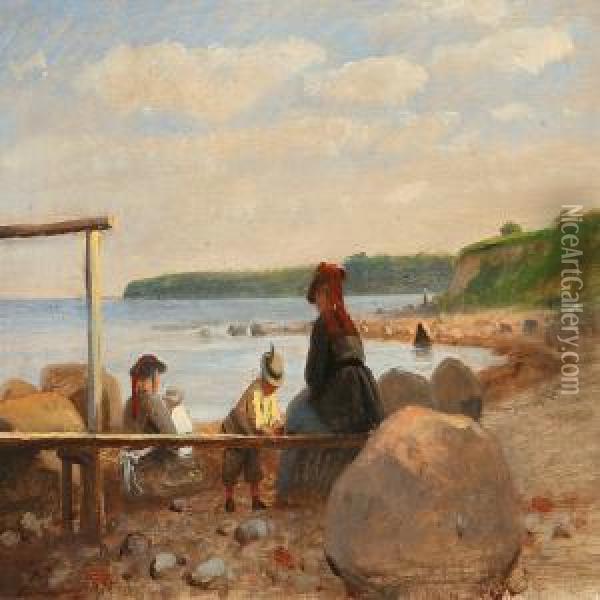 Children And Their Mothers On Lundeborg Beach Oil Painting - Anton Laurids J. Dorph