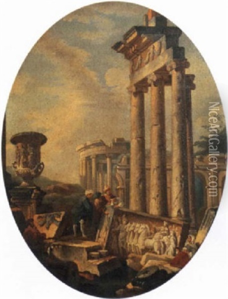 A Capriccio Of Figures Looking At Classical Figures Oil Painting - Giovanni Paolo Panini