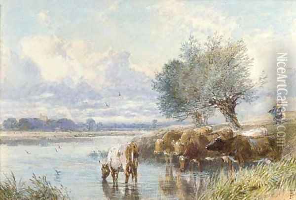 Cattle watering at the riverbank Oil Painting - Myles Birket Foster