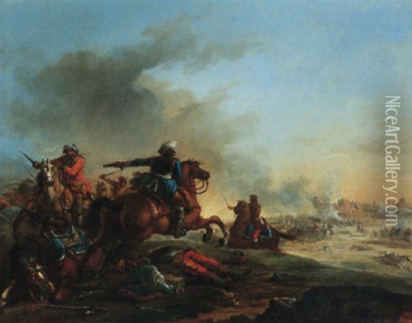 A Cavalry Engagement With A City Under Siege Oil Painting - Jacques Bertaux