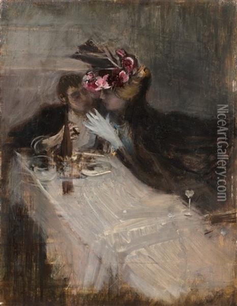 Un Couple Au Restaurant Oil Painting - Giovanni Boldini