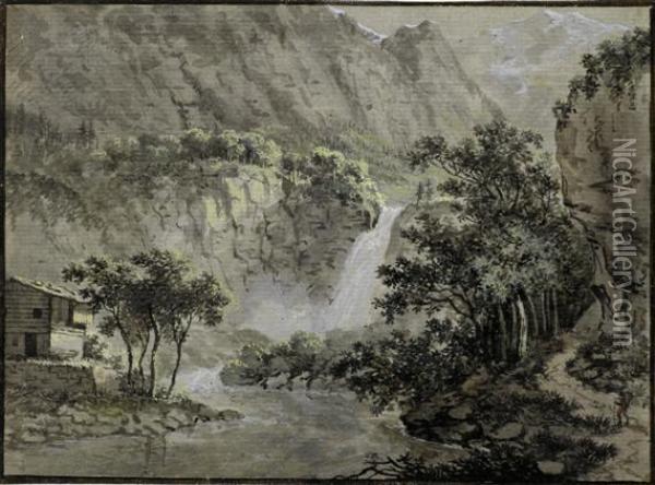 Mountain Landscape With Waterfall Oil Painting - Ludwig Hess