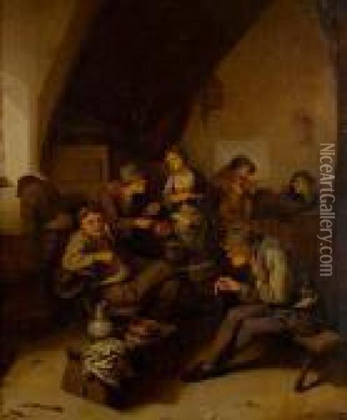 Topers Smoking And Drinking In A Tavern Interior Oil Painting - Cornelis (Pietersz.) Bega