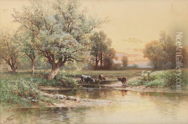 Cattle By A Stream Oil Painting - Carl Weber