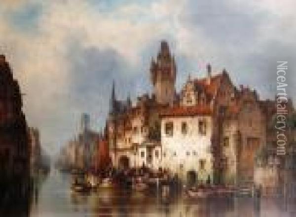 A Continental Canal Scene Oil Painting - Ludwig Herrmann