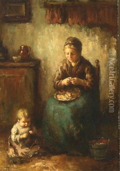 A Cottage Interior With A Mother Peeling Potatoes, Her Child Playing On The Floor Oil Painting - Albert Neuhuys