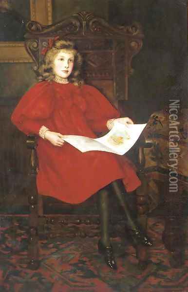 'In Wonderland', Portrait of Margery Merrick, seated full-length, in a red dress, reading a book, in an interior Oil Painting - Emily M. Merrick