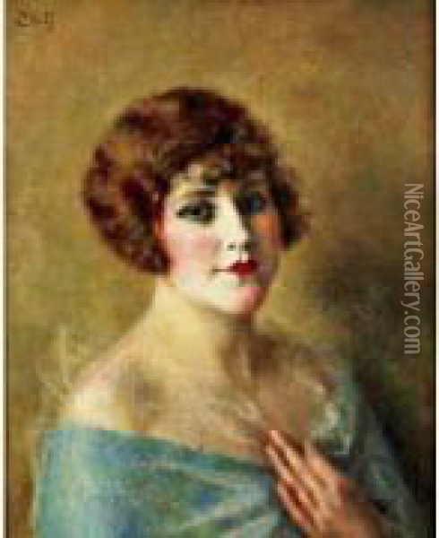 Portrait De Jeune Femme Au Chale Bleu Oil Painting - Charles Francois Prosper Guerin