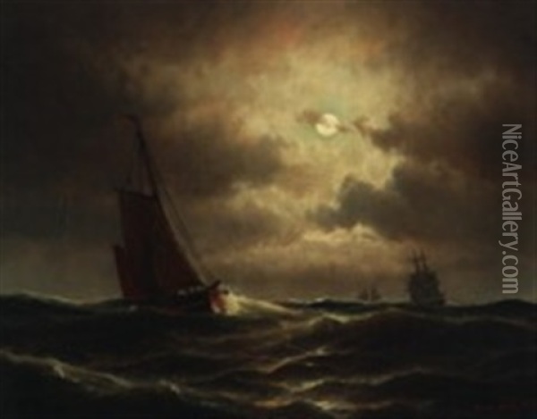 A Dutch Fishing Boat In The North Sea In Moonlight Oil Painting - Carl Ludwig Bille