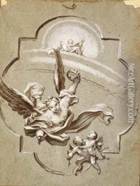 A Flying Figure Holding A Crown With Two Putti And Juno On Arainbow Oil Painting - Paolo Girolamo Piola